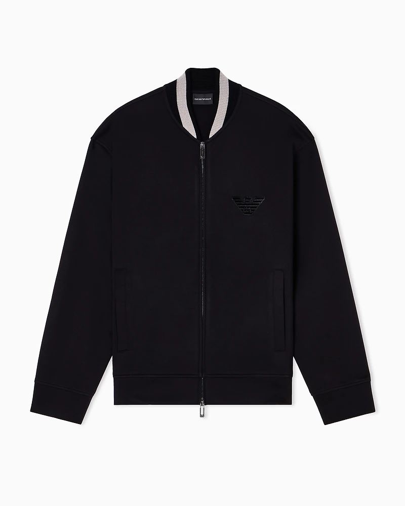 Emporio Armani - Double-jersey zip-up sweatshirt with bomber jacket collar and eagle patch, Man, Black, Size: