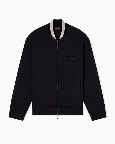 Emporio Armani - Double-jersey zip-up sweatshirt with bomber jacket collar and eagle patch, Man, Black, Size: