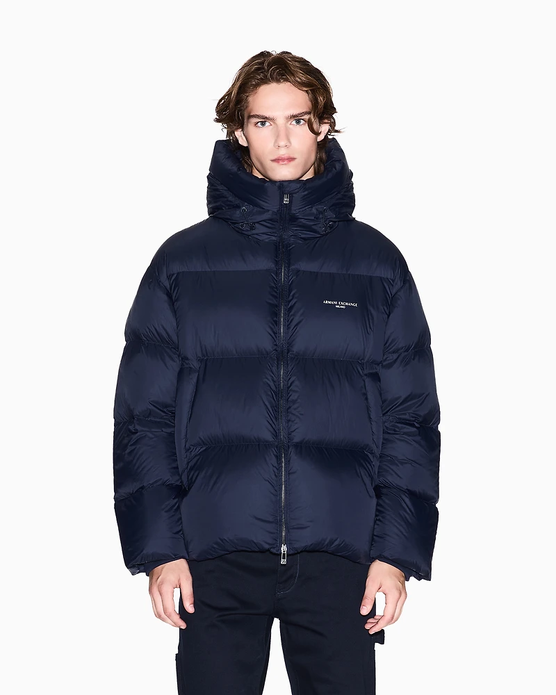 Armani Exchange - Satin hooded down jacket, Man, Navy Blue, Size: