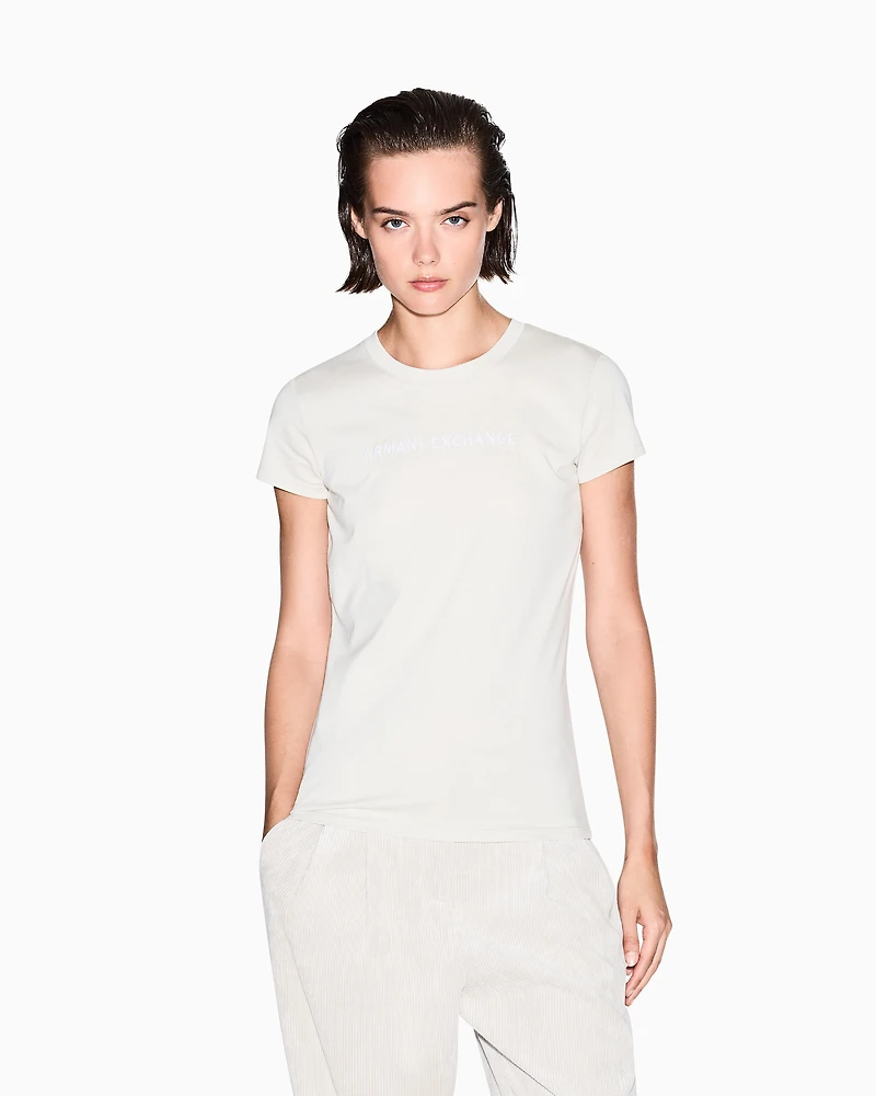 Armani Exchange - Slim fit T-shirt with logo lettering, Woman, Beige, Size: