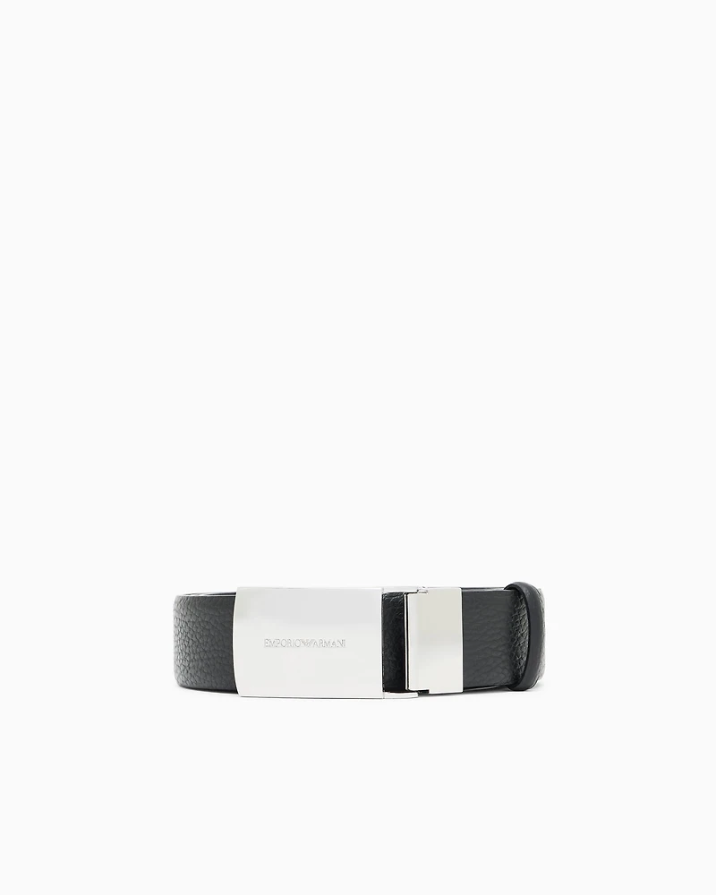 Emporio Armani - Pebbled leather belt with plate, Man, Black, Size: