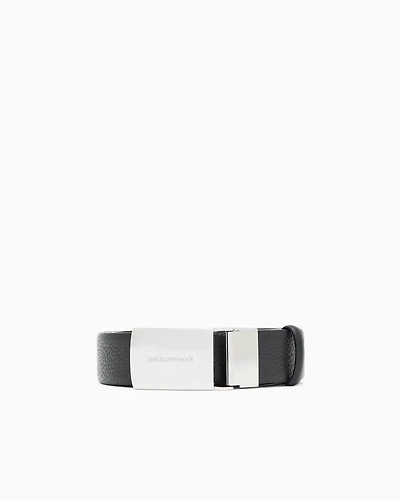 Emporio Armani - Pebbled leather belt with plate, Man, Black, Size: