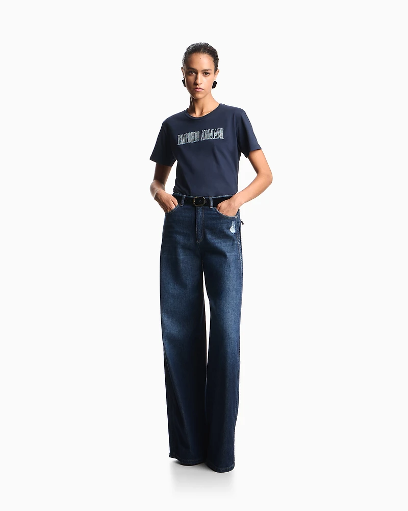 Emporio Armani - ASV organic jersey T-shirt with multicoloured logo embroidery, Woman, Navy Blue, Size: