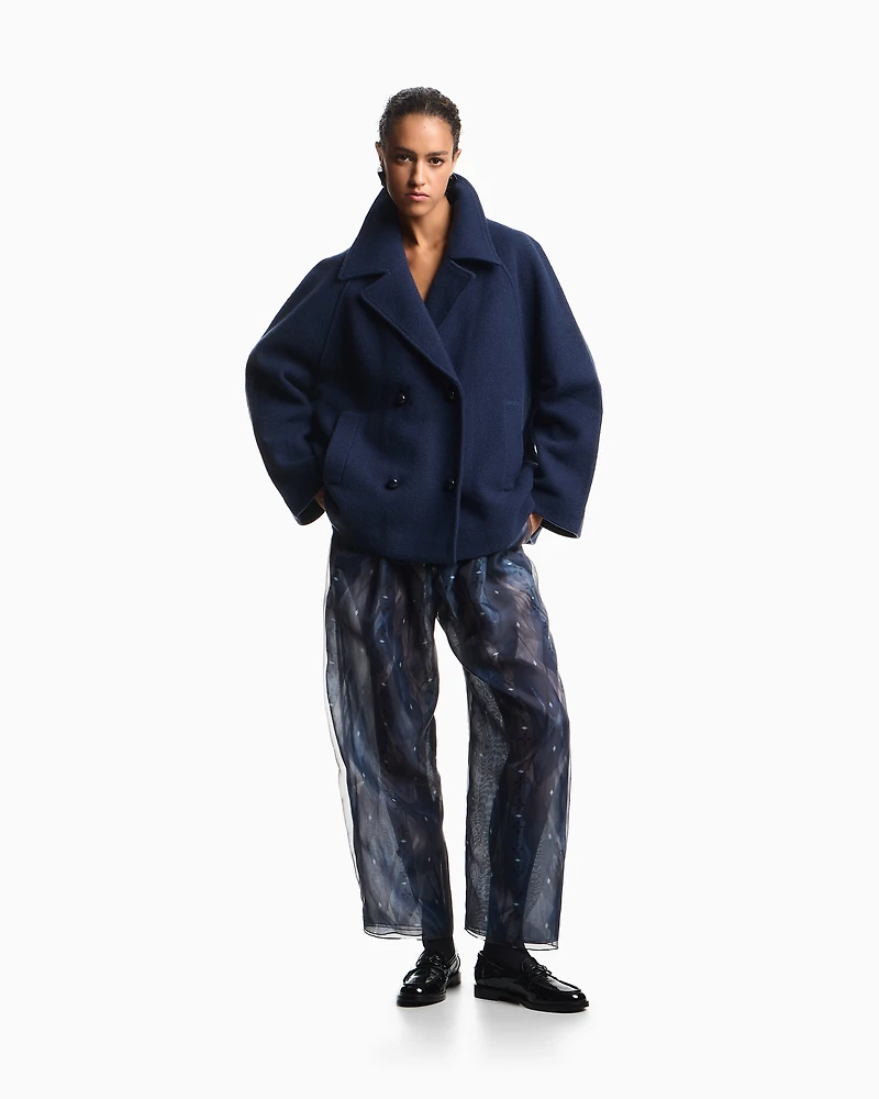 Emporio Armani - Boiled wool double-breasted pea coat, Woman, Blue, Size: