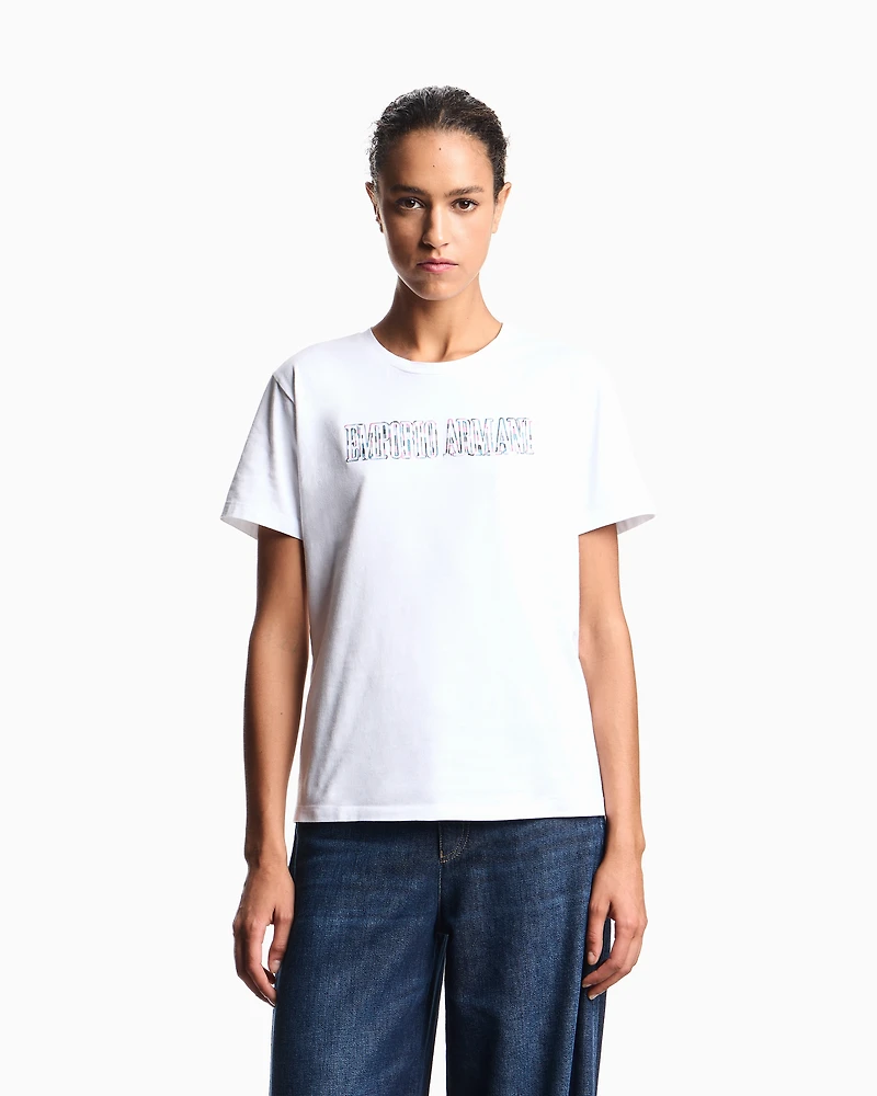 Emporio Armani - ASV organic jersey T-shirt with multicoloured logo embroidery, Woman, White, Size: