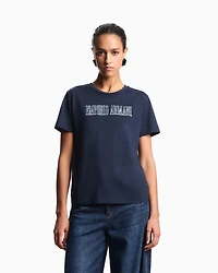 Emporio Armani - ASV organic jersey T-shirt with multicoloured logo embroidery, Woman, Navy Blue, Size: