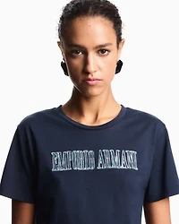 Emporio Armani - ASV organic jersey T-shirt with multicoloured logo embroidery, Woman, Navy Blue, Size: