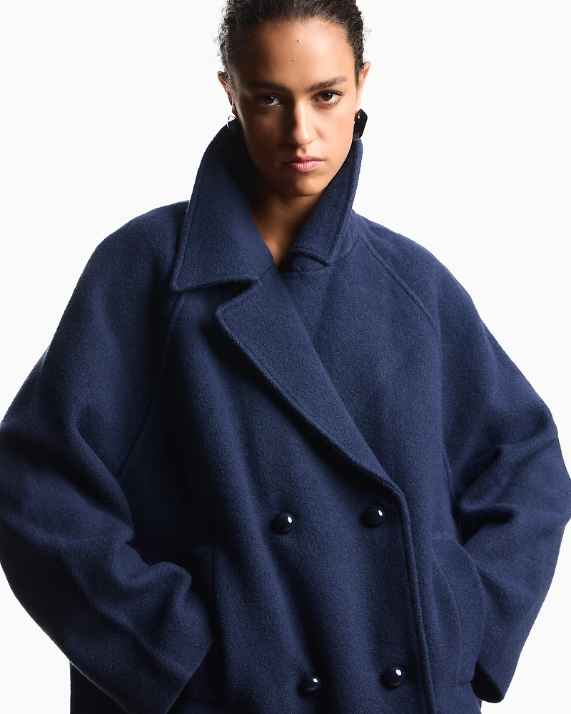 Emporio Armani - Boiled wool double-breasted pea coat, Woman, Blue, Size:
