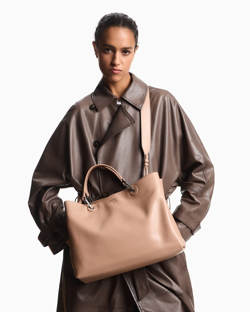Emporio Armani - Nappa-leather medium MyEA shopper bag , Woman, Beige, Size: TU