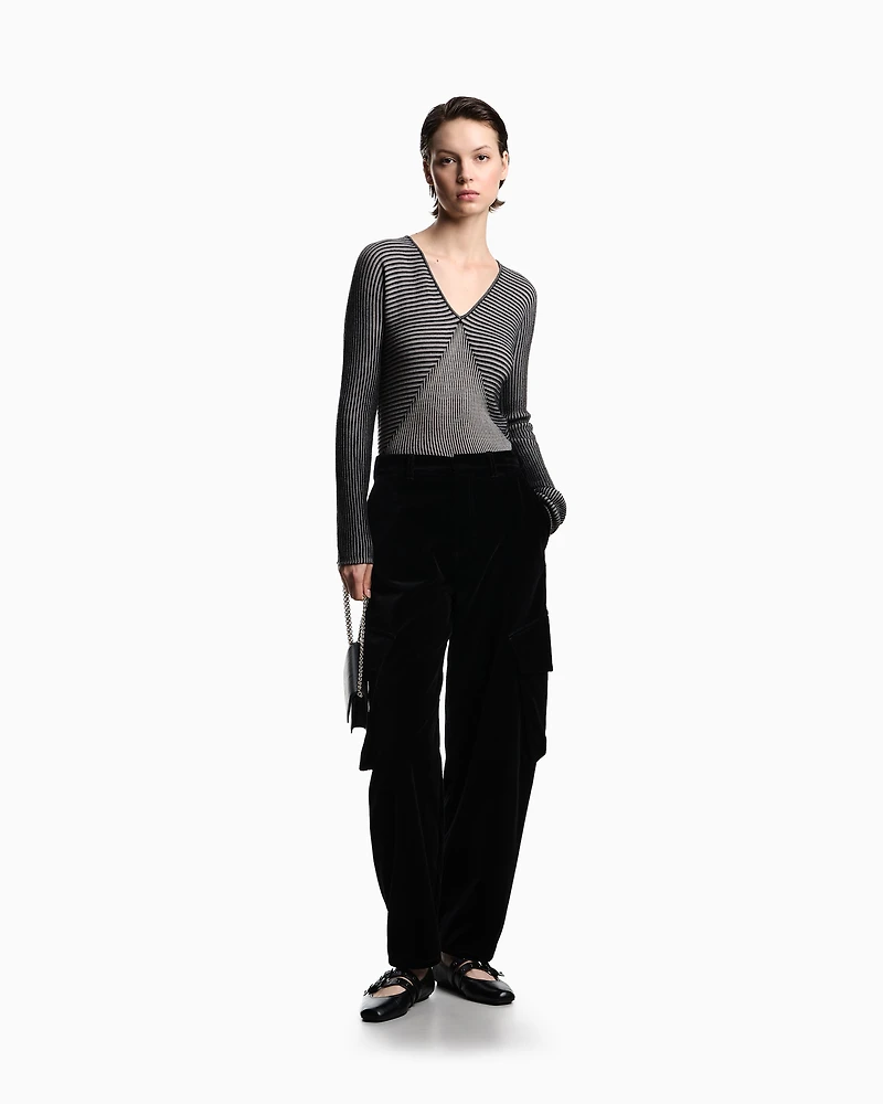 Emporio Armani - V-neck jumper with striped links-stitched details, Woman, Black, Size:
