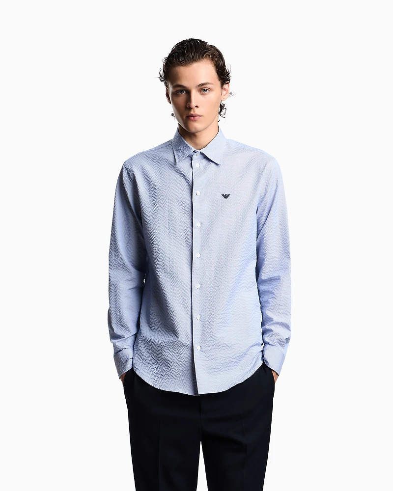 Emporio Armani - Seersucker-finish jacquard cotton shirt, Man, Patterned, Size: