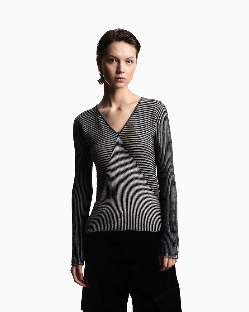 Emporio Armani - V-neck jumper with striped links-stitched details, Woman, Black, Size:
