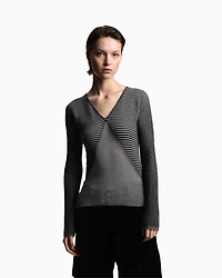 Emporio Armani - V-neck jumper with striped links-stitched details, Woman, Black, Size:
