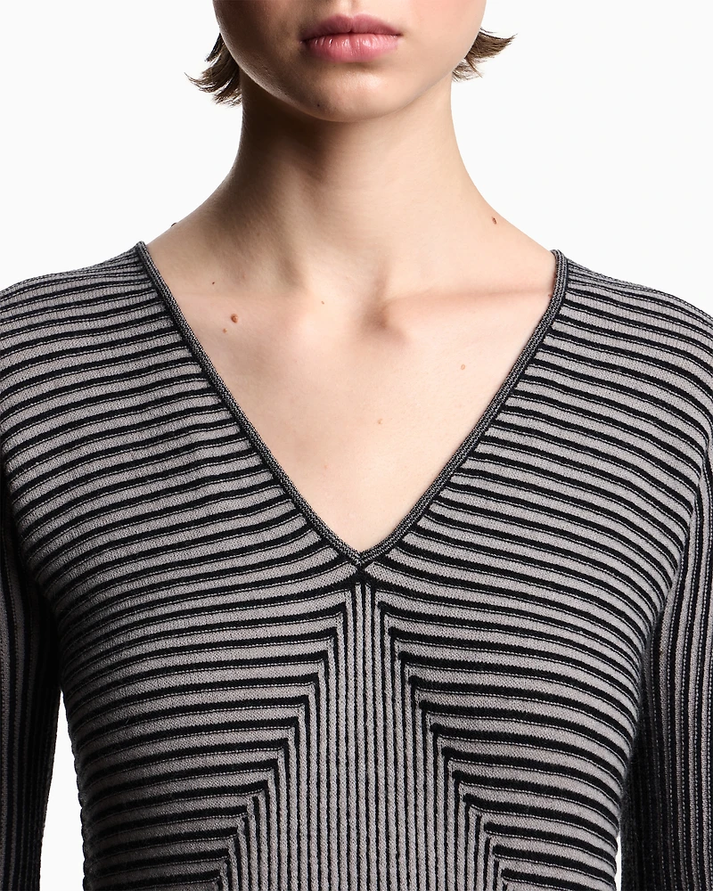 Emporio Armani - V-neck jumper with striped links-stitched details, Woman, Black, Size: