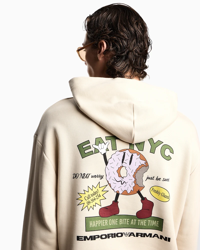 Emporio Armani - New York Capsule Collection EAT NYC print jersey hooded sweatshirt, Man, Beige, Size: