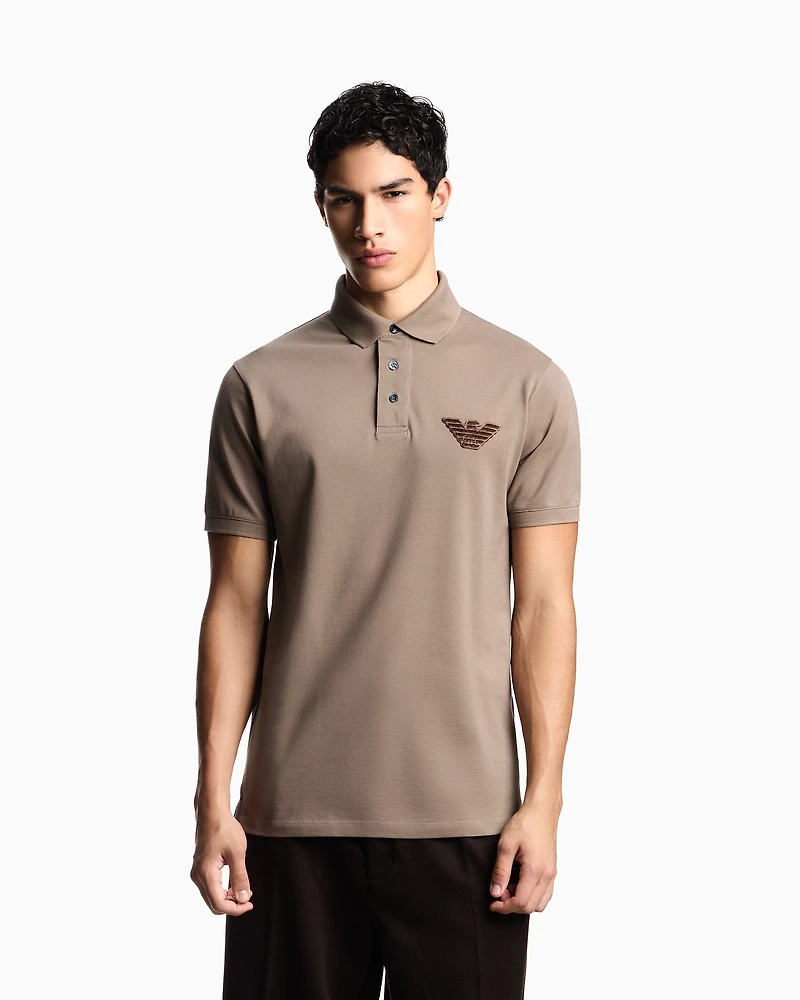 Emporio Armani - Piqué jersey polo shirt with eagle patch, Man, Beige, Size:
