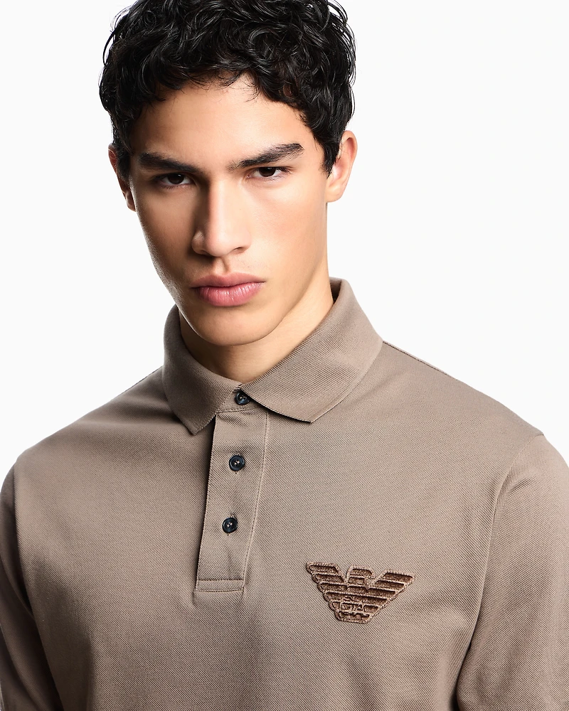 Emporio Armani - Piqué jersey polo shirt with eagle patch, Man, Beige, Size: