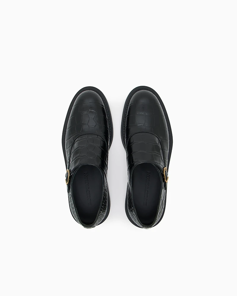 Emporio Armani - Crocodile-print calfskin monkstraps, Man, Black, Size: