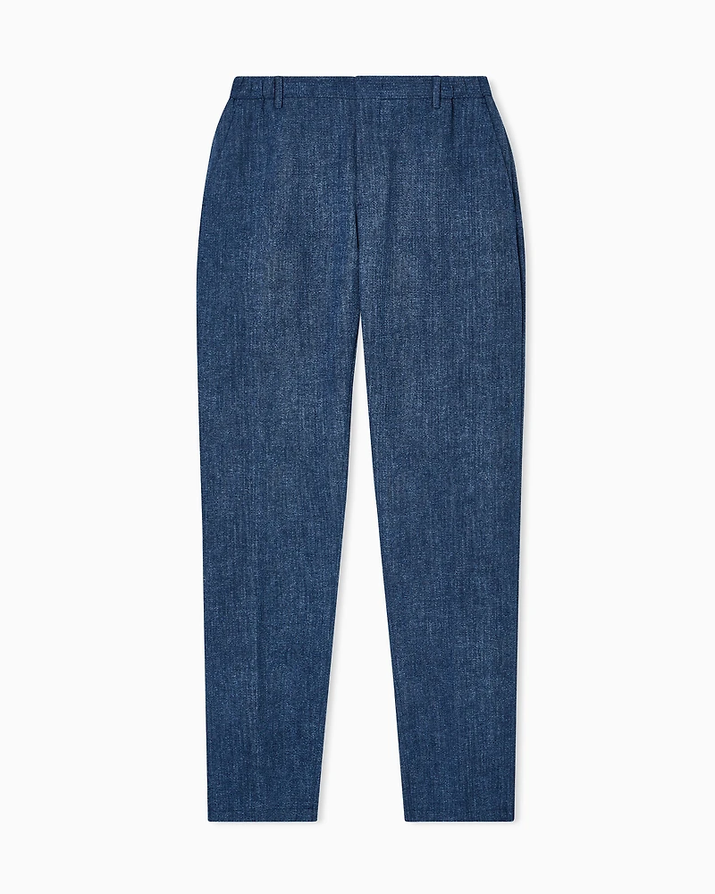 Emporio Armani - Printed seersucker fabric trousers, Man, Blue, Size: