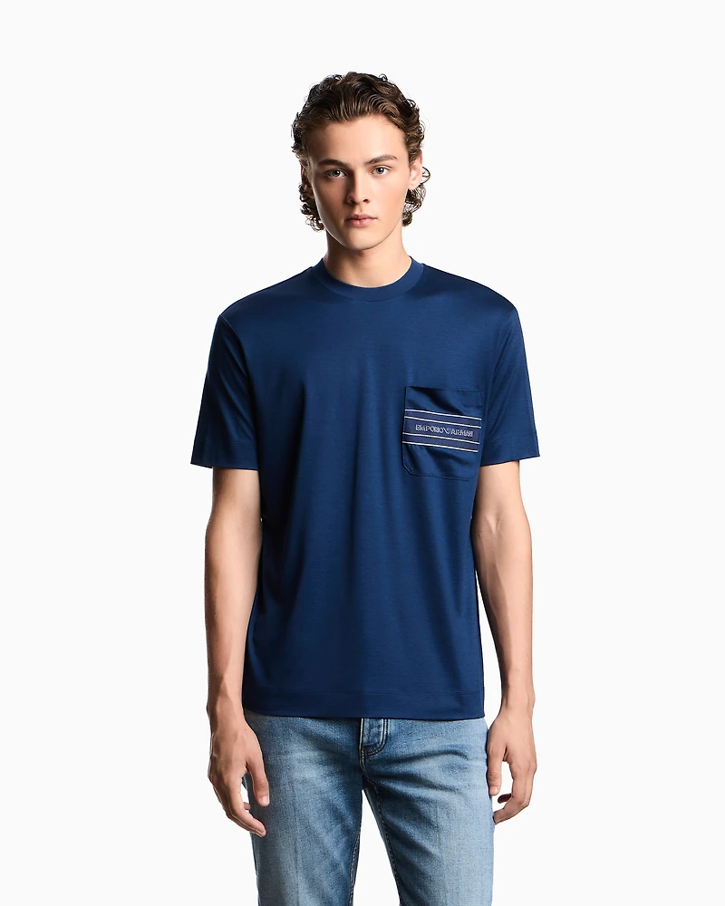 Emporio Armani - Lyocell blend jersey T-shirt with pocket and 3D-effect logo, Man, Blue, Size: