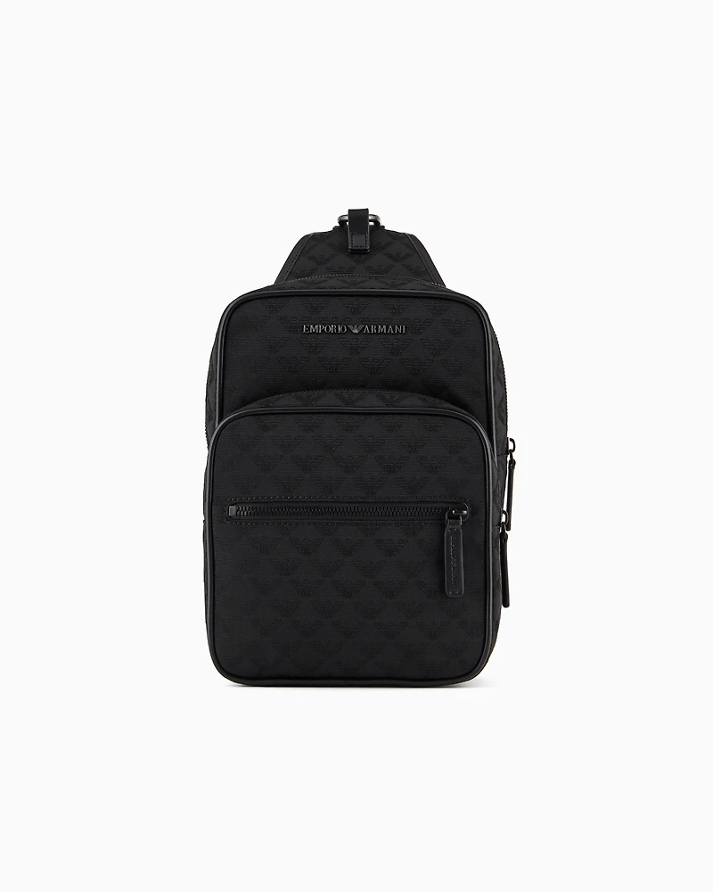 Emporio Armani - Nylon one-shoulder backpack with all-over jacquard eagle, Man, Black, Size: TU