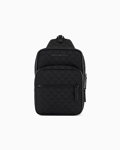 Emporio Armani - Nylon one-shoulder backpack with all-over jacquard eagle, Man, Black, Size: TU