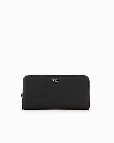 Emporio Armani - ASV regenerated Saffiano leather zip-around wallet with eagle plate, Man, Black, Size: TU