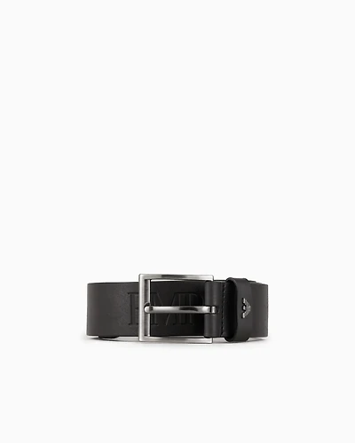 Emporio Armani - Tumbled-leather belt with oversized logo lettering, Man, Black, Size: