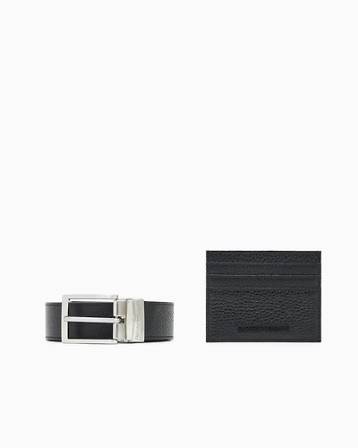 Emporio Armani - Gift box with tumbled-leather belt and card holder, Man, Black, Size: TU