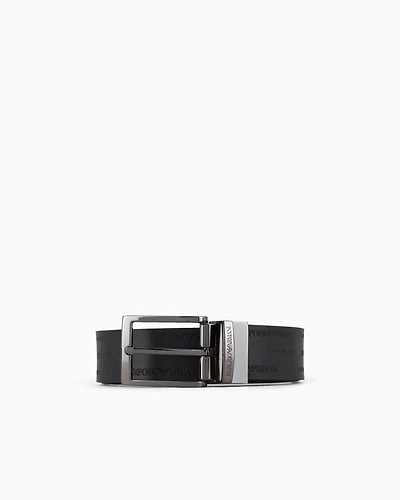 Emporio Armani - Reversible leather belt with all-over embossed lettering, Man, Black, Size: TU
