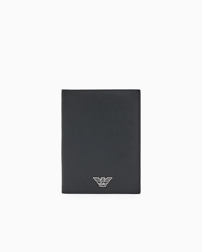 Emporio Armani - ASV regenerated Saffiano leather passport holder with eagle plate, Man, Black, Size: TU