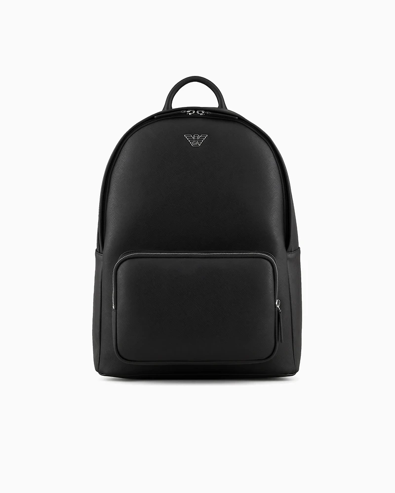 Emporio Armani - ASV regenerated Saffiano leather round backpack with eagle plate, Man, Black, Size: TU