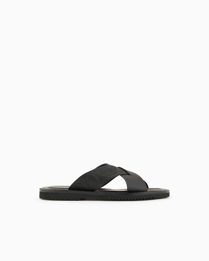 Emporio Armani - Leather cross-over sandals with logo tape, Man, Black, Size: