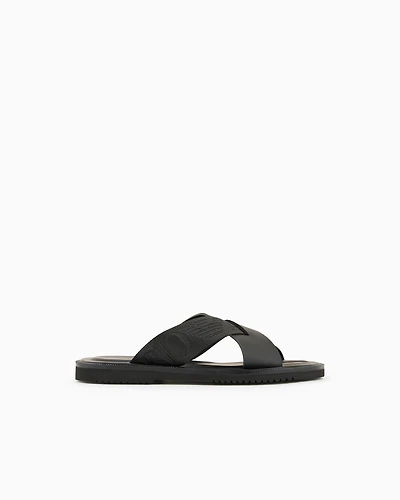 Emporio Armani - Leather cross-over sandals with logo tape, Man, Black, Size: