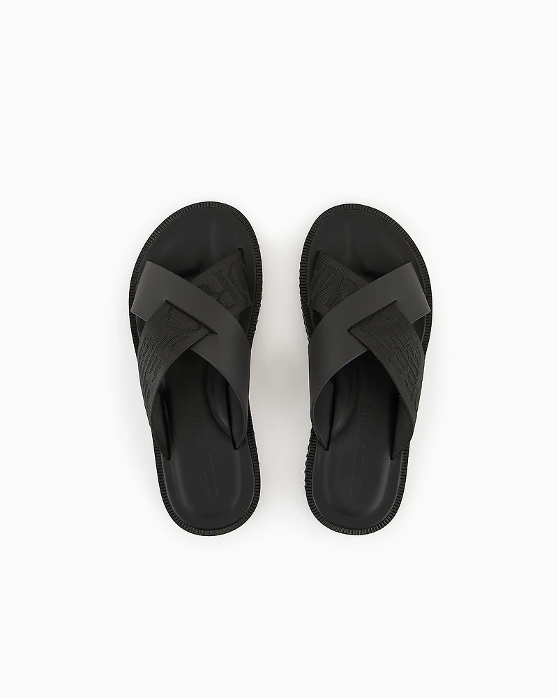 Emporio Armani - Leather cross-over sandals with logo tape, Man, Black, Size: