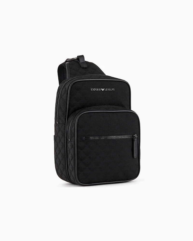 Emporio Armani - Nylon one-shoulder backpack with all-over jacquard eagle, Man, Black, Size: TU