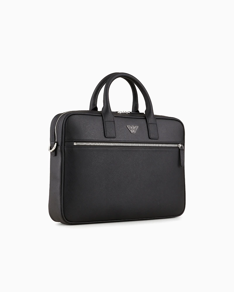 Emporio Armani - ASV regenerated Saffiano leather business bag with eagle plate, Man, Black, Size: TU