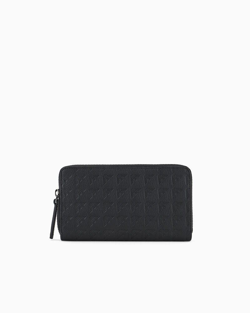 Emporio Armani - Zip-around leather wallet with all-over embossed eagle, Man, Black, Size: TU
