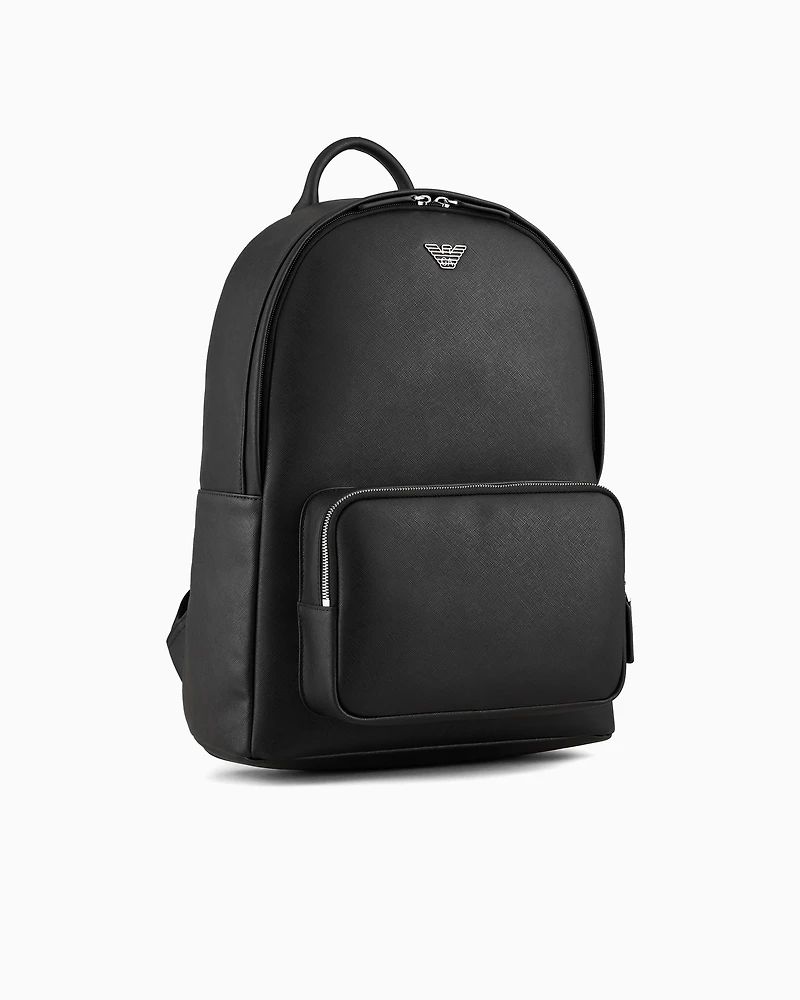 Emporio Armani - ASV regenerated Saffiano leather round backpack with eagle plate, Man, Black, Size: TU
