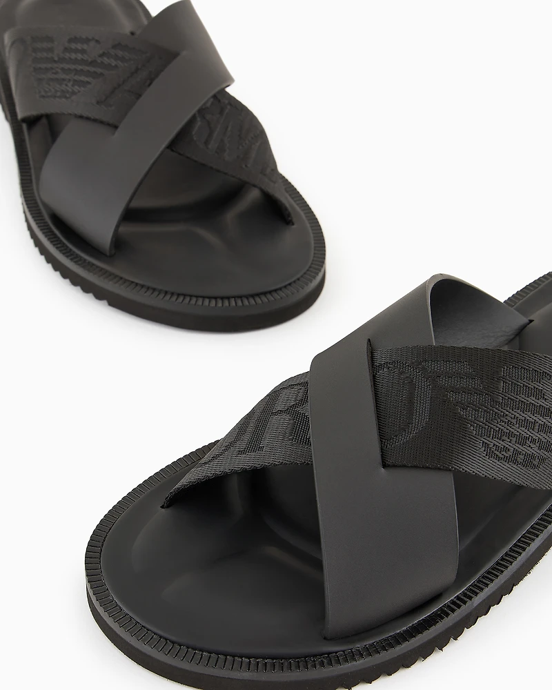 Emporio Armani - Leather cross-over sandals with logo tape, Man, Black, Size: