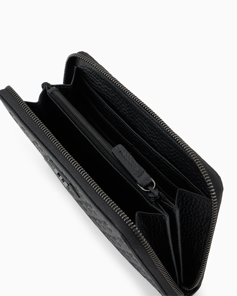 Emporio Armani - Zip-around leather wallet with all-over embossed eagle, Man, Black, Size: TU
