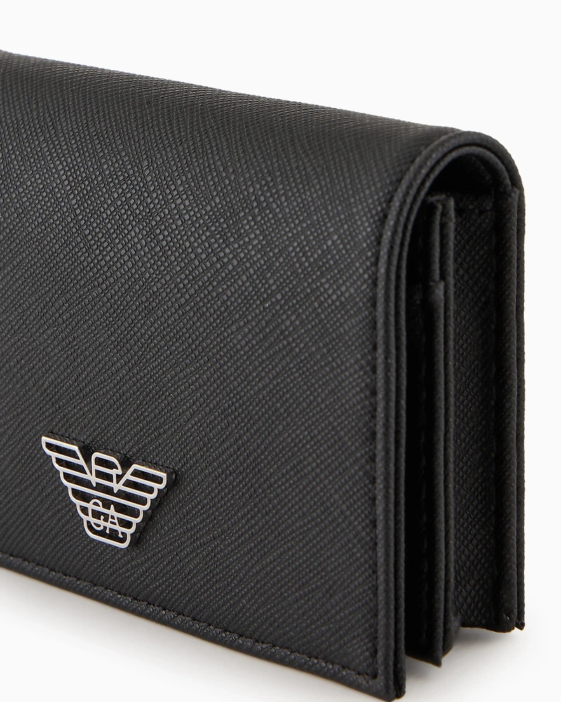 Emporio Armani - ASV regenerated Saffiano leather card holder with flap and eagle plate, Man, Black, Size: TU