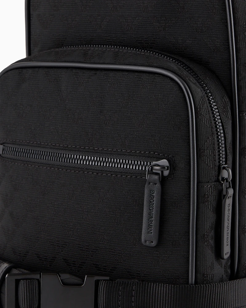 Emporio Armani - Nylon one-shoulder backpack with all-over jacquard eagle, Man, Black, Size: TU