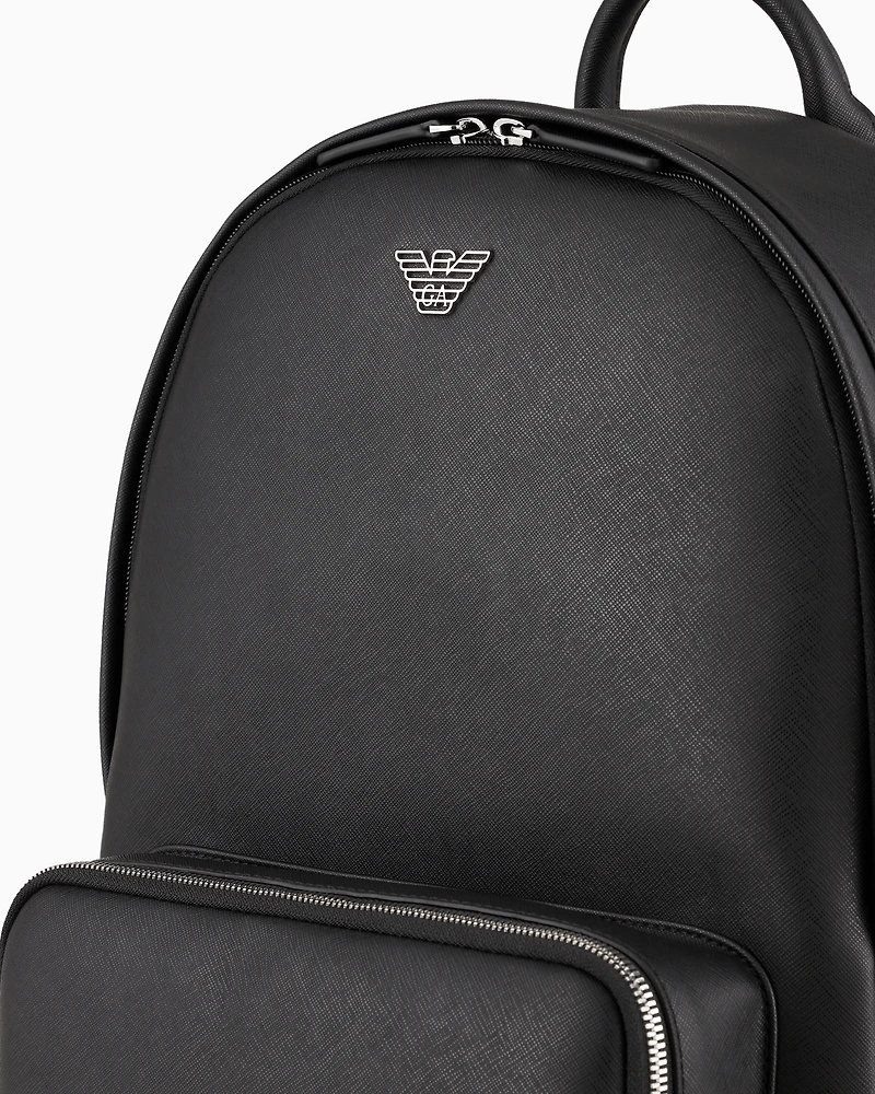 Emporio Armani - ASV regenerated Saffiano leather round backpack with eagle plate, Man, Black, Size: TU
