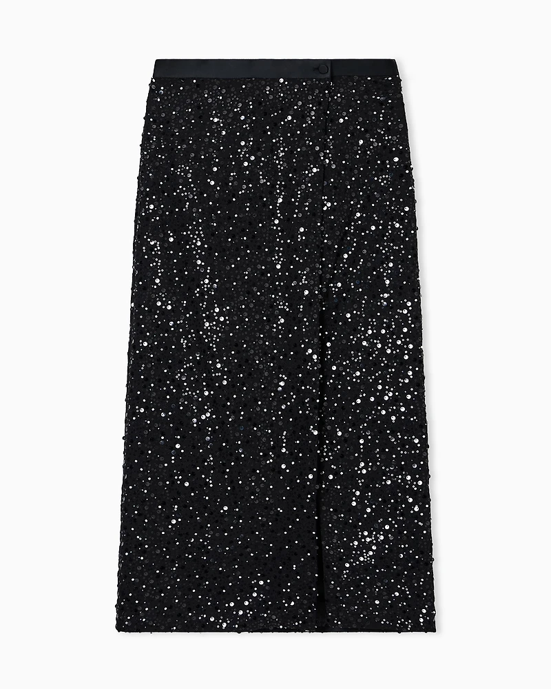 Emporio Armani - Georgette skirt with all-over beads and sequins, Woman, Black, Size: