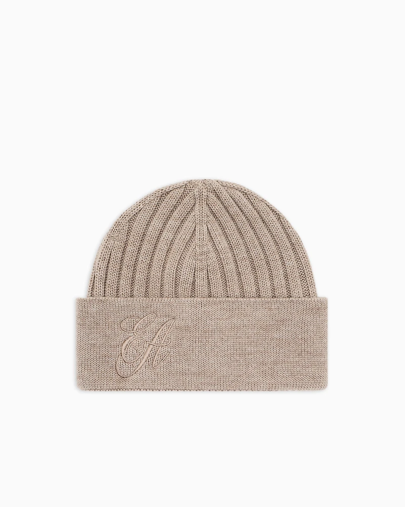 Emporio Armani - Ribbed wool beanie with EA signature embroidery, Woman, Beige, Size: