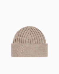Emporio Armani - Ribbed wool beanie with EA signature embroidery, Woman, Beige, Size: