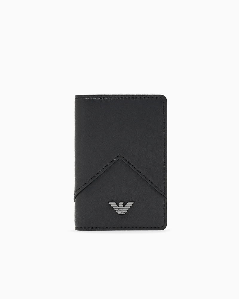 Emporio Armani - Nappa leather trifold card holder with geometric detail, Man, Black, Size: TU
