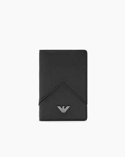 Emporio Armani - Nappa leather trifold card holder with geometric detail, Man, Black, Size: TU