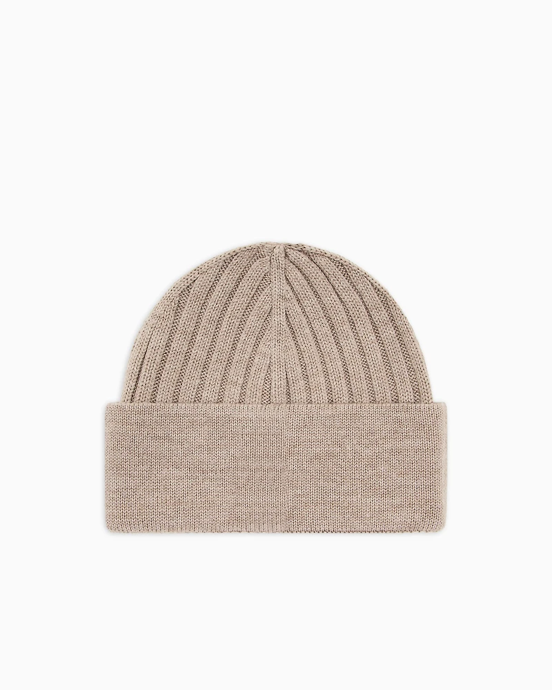Emporio Armani - Ribbed wool beanie with EA signature embroidery, Woman, Beige, Size: